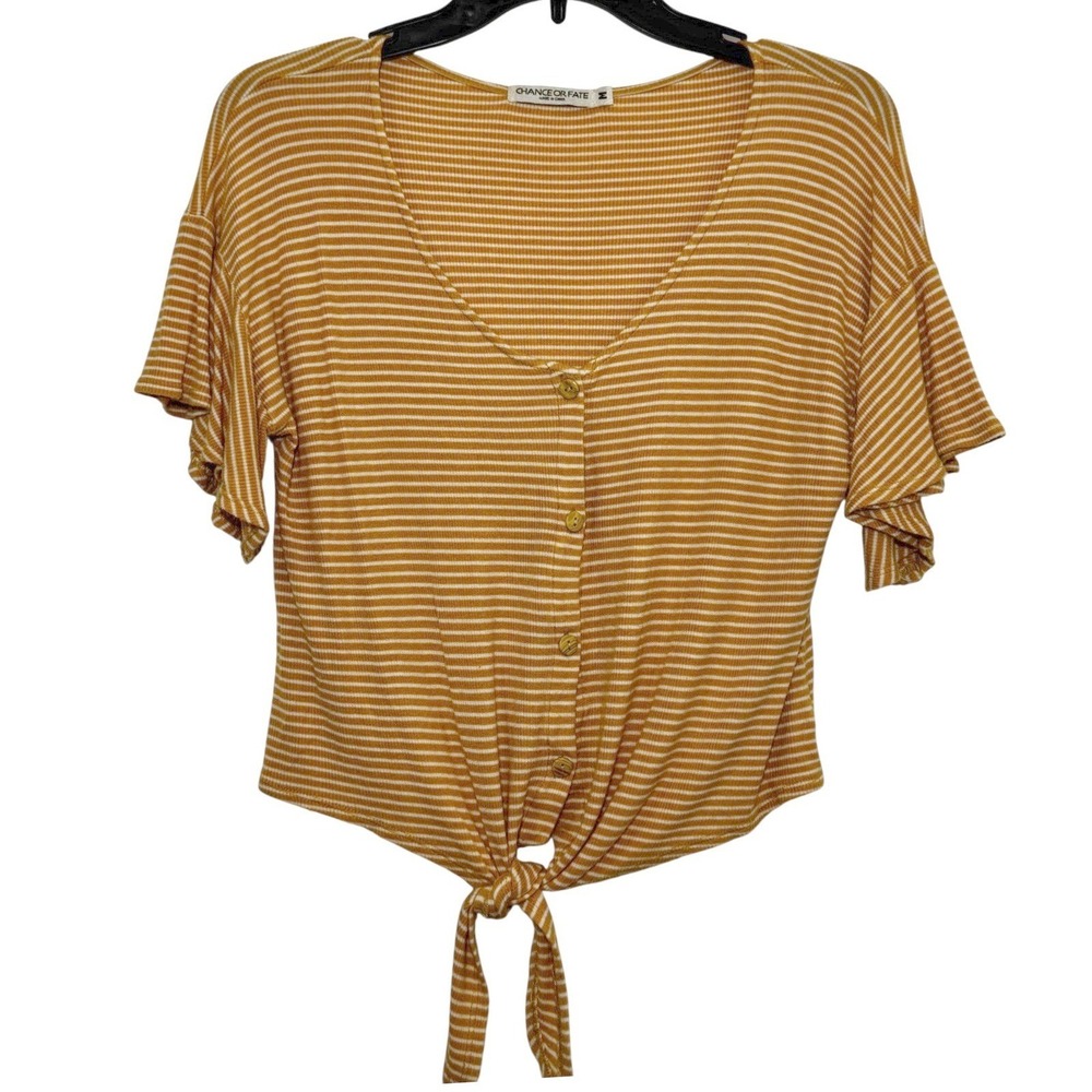 Chance Or Fate Mustard Yellow Striped Tie Front Button Down Flutter Sleeve Top M